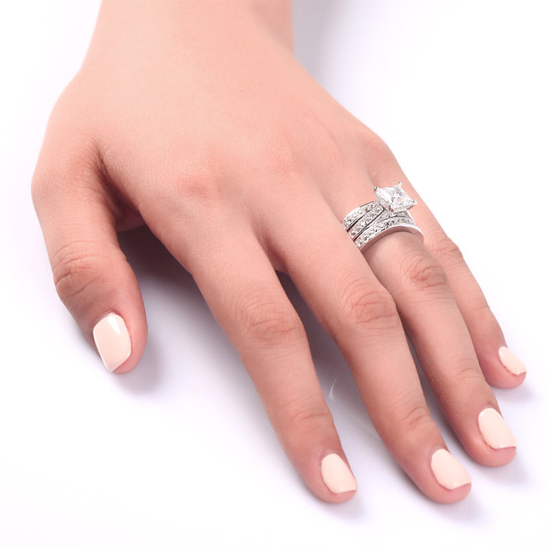 925 Sterling Silver 3 Pcs Wedding Engagement Ring Set Simulated Diamond XFR8197