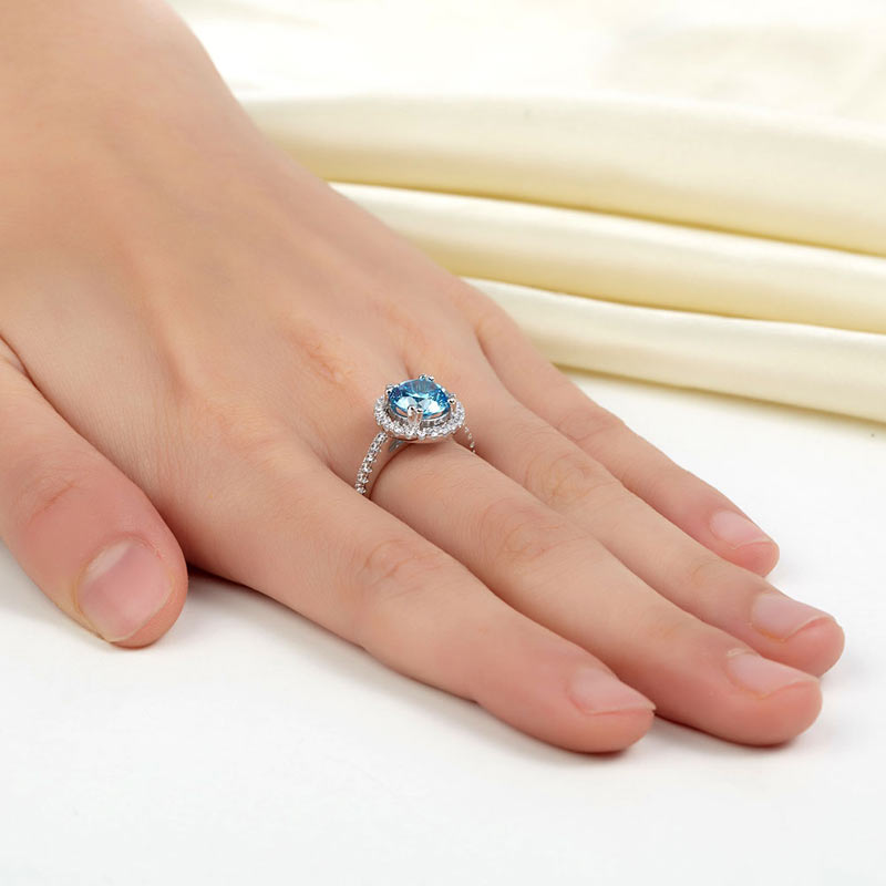 925 Sterling Silver Wedding Engagement Halo Ring 2 Carat Fancy Blue Simulated Diamond XFR8200