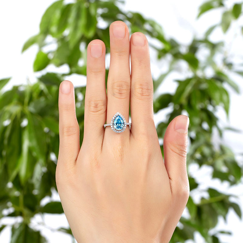 Sterling 925 Silver Wedding Engagement Ring Pear Blue Simulated Diamond Jewelry XFR8202