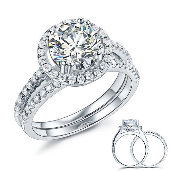 925 Sterling Silver Wedding Halo Ring Set 2 Carat Simulated Diamond XFR8218