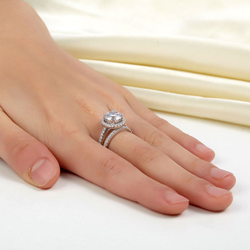 925 Sterling Silver Wedding Halo Ring Set 2 Carat Simulated Diamond XFR8218