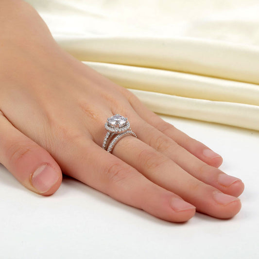 925 Sterling Silver Wedding Halo Ring Set 2 Carat Simulated Diamond XFR8218