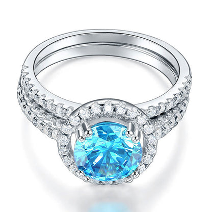 925 Sterling Silver Wedding Engagement Halo Ring Set 2 Carat Blue Simulated Diamond XFR8219