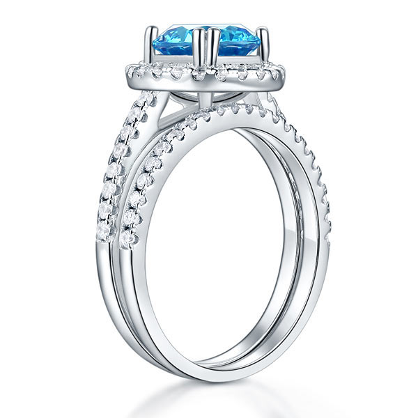 925 Sterling Silver Wedding Engagement Halo Ring Set 2 Carat Blue Simulated Diamond XFR8219