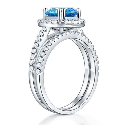 925 Sterling Silver Wedding Engagement Halo Ring Set 2 Carat Blue Simulated Diamond XFR8219