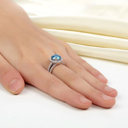 925 Sterling Silver Wedding Engagement Halo Ring Set 2 Carat Blue Simulated Diamond XFR8219