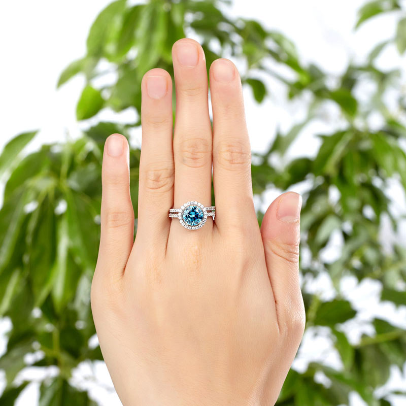 925 Sterling Silver Wedding Engagement Halo Ring Set 2 Carat Blue Simulated Diamond XFR8219