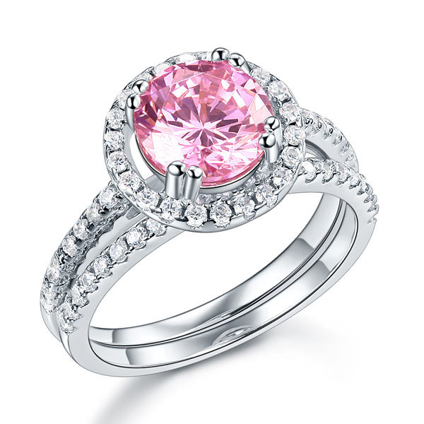 925 Sterling Silver Wedding Engagement Halo Ring Set 2 Carat Pink Simulated Diamond Wedding Jewelry XFR8220