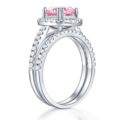 925 Sterling Silver Wedding Engagement Halo Ring Set 2 Carat Pink Simulated Diamond Wedding Jewelry XFR8220