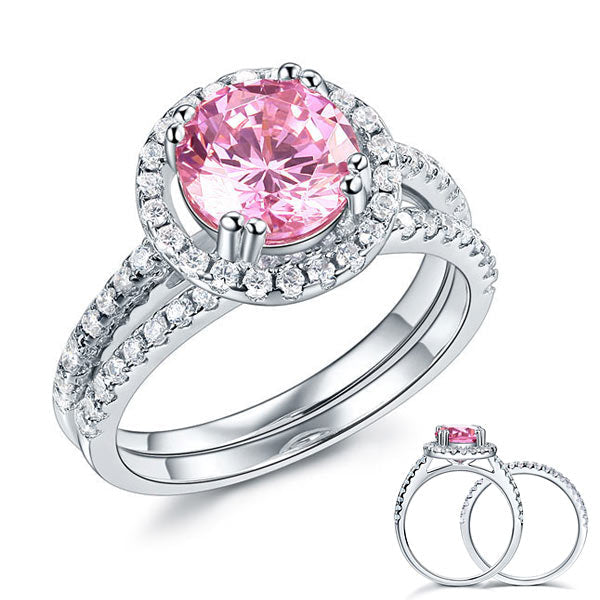 925 Sterling Silver Wedding Engagement Halo Ring Set 2 Carat Pink Simulated Diamond Wedding Jewelry XFR8220