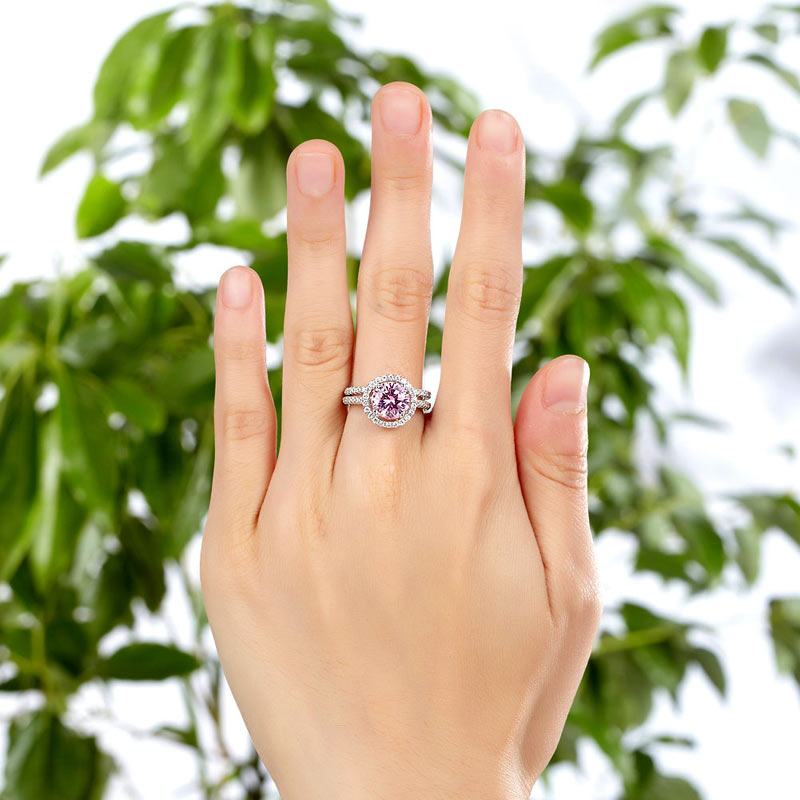 925 Sterling Silver Wedding Engagement Halo Ring Set 2 Carat Pink Simulated Diamond Wedding Jewelry XFR8220
