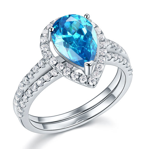 Sterling 925 Silver Bridal Wedding Engagement Ring Set 2 Carat Pear Fancy Blue Simulated Diamond Jewelry XFR8222
