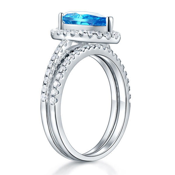 Sterling 925 Silver Bridal Wedding Engagement Ring Set 2 Carat Pear Fancy Blue Simulated Diamond Jewelry XFR8222