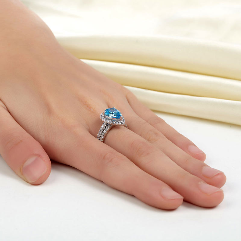 Sterling 925 Silver Bridal Wedding Engagement Ring Set 2 Carat Pear Fancy Blue Simulated Diamond Jewelry XFR8222