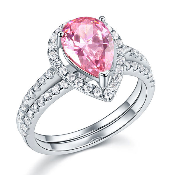 Sterling 925 Silver Bridal Wedding Engagement Ring Set 2 Carat Pear Fancy Pink Simulated Diamond Jewelry XFR8223