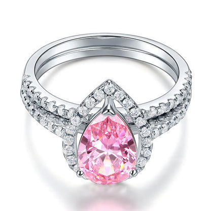 Sterling 925 Silver Bridal Wedding Engagement Ring Set 2 Carat Pear Fancy Pink Simulated Diamond Jewelry XFR8223