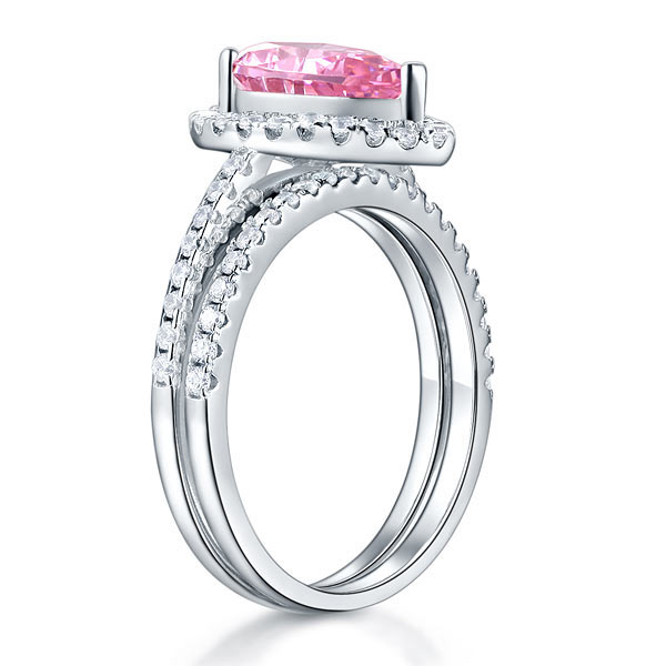 Sterling 925 Silver Bridal Wedding Engagement Ring Set 2 Carat Pear Fancy Pink Simulated Diamond Jewelry XFR8223