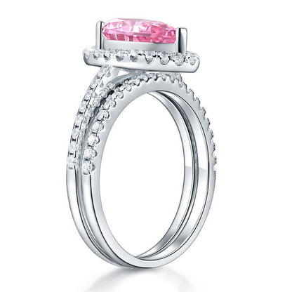 Sterling 925 Silver Bridal Wedding Engagement Ring Set 2 Carat Pear Fancy Pink Simulated Diamond Jewelry XFR8223
