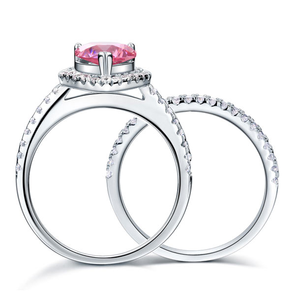 Sterling 925 Silver Bridal Wedding Engagement Ring Set 2 Carat Pear Fancy Pink Simulated Diamond Jewelry XFR8223