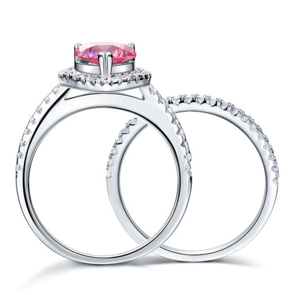 Sterling 925 Silver Bridal Wedding Engagement Ring Set 2 Carat Pear Fancy Pink Simulated Diamond Jewelry XFR8223