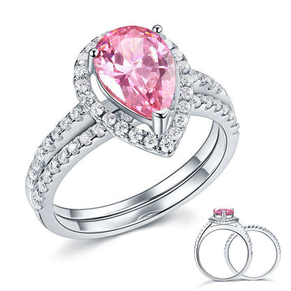 Sterling 925 Silver Bridal Wedding Engagement Ring Set 2 Carat Pear Fancy Pink Simulated Diamond Jewelry XFR8223
