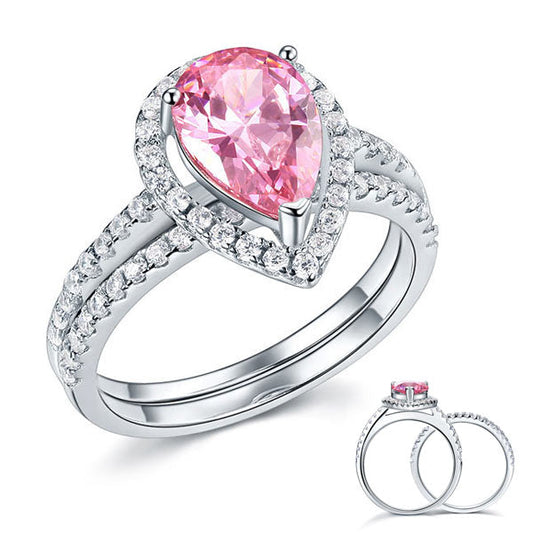 Sterling 925 Silver Bridal Wedding Engagement Ring Set 2 Carat Pear Fancy Pink Simulated Diamond Jewelry XFR8223