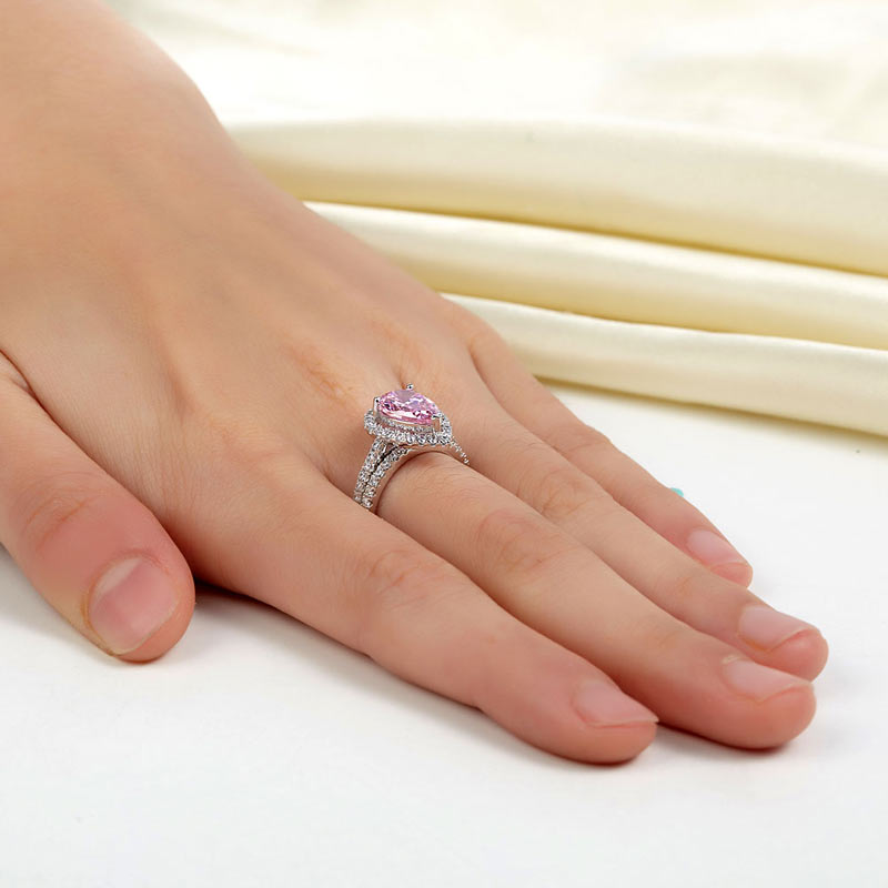 Sterling 925 Silver Bridal Wedding Engagement Ring Set 2 Carat Pear Fancy Pink Simulated Diamond Jewelry XFR8223