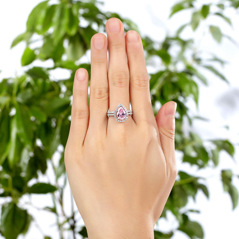 Sterling 925 Silver Bridal Wedding Engagement Ring Set 2 Carat Pear Fancy Pink Simulated Diamond Jewelry XFR8223