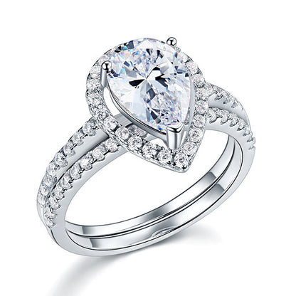 Solid Sterling 925 Silver Bridal Wedding Promise Engagement Ring Set 2 Ct Pear Jewelry XFR8224