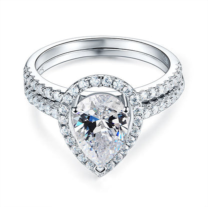 Solid Sterling 925 Silver Bridal Wedding Promise Engagement Ring Set 2 Ct Pear Jewelry XFR8224