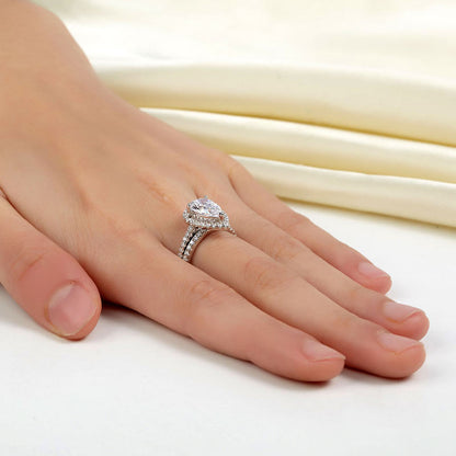 Solid Sterling 925 Silver Bridal Wedding Promise Engagement Ring Set 2 Ct Pear Jewelry XFR8224