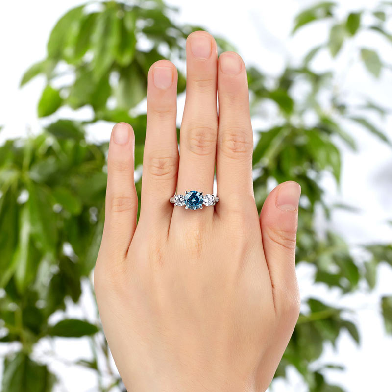 925 Sterling Silver 3-Stone Bridal Ring 2 Carat Simulated Blue Diamond Vintage Style Jewelry XFR8226