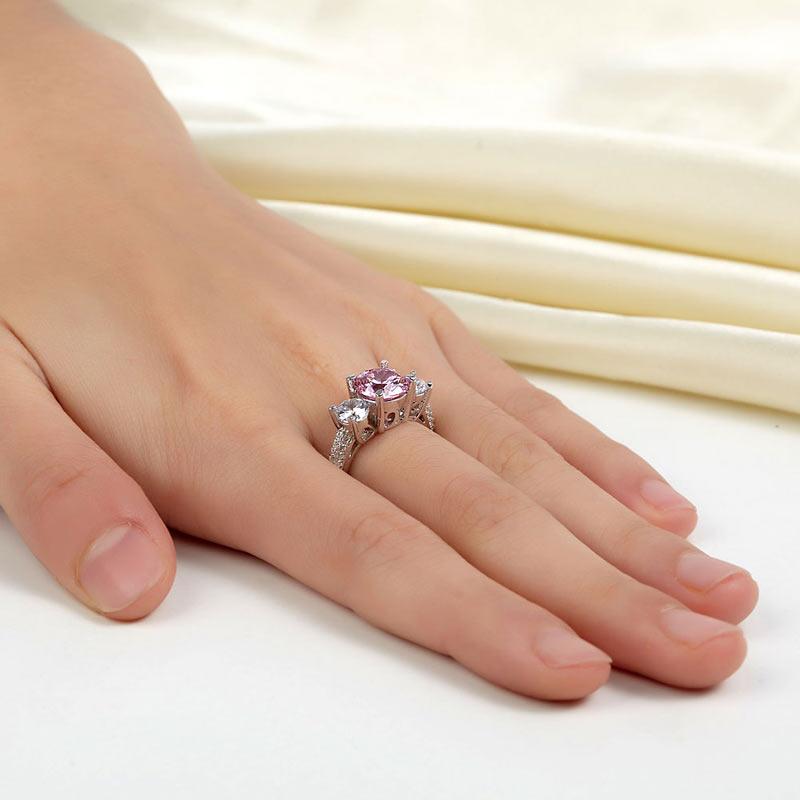 925 Sterling Silver 3-Stone Wedding Ring 2 Carat Fancy Pink Simulated Diamond Jewelry Vintage Style XFR8227