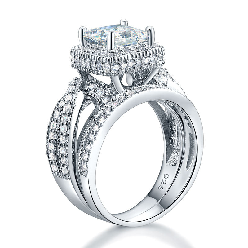 Solid 925 Sterling Silver Wedding Anniversary Engagement Ring Set Vintage Style Princess XFR8234