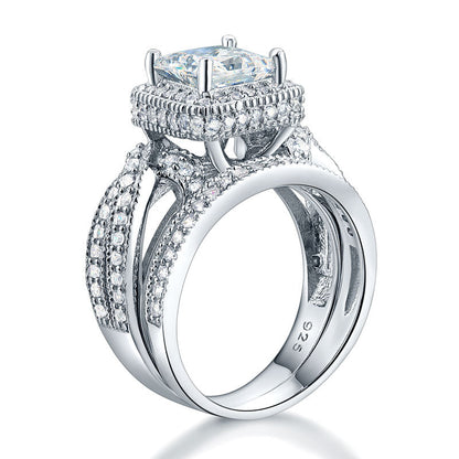 Solid 925 Sterling Silver Wedding Anniversary Engagement Ring Set Vintage Style Princess XFR8234