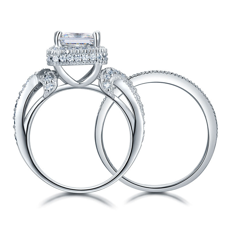 Solid 925 Sterling Silver Wedding Anniversary Engagement Ring Set Vintage Style Princess XFR8234