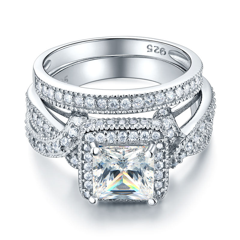 Solid 925 Sterling Silver Wedding Anniversary Engagement Ring Set Vintage Style Princess XFR8234