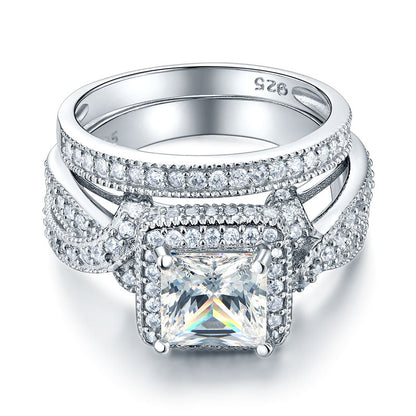 Solid 925 Sterling Silver Wedding Anniversary Engagement Ring Set Vintage Style Princess XFR8234