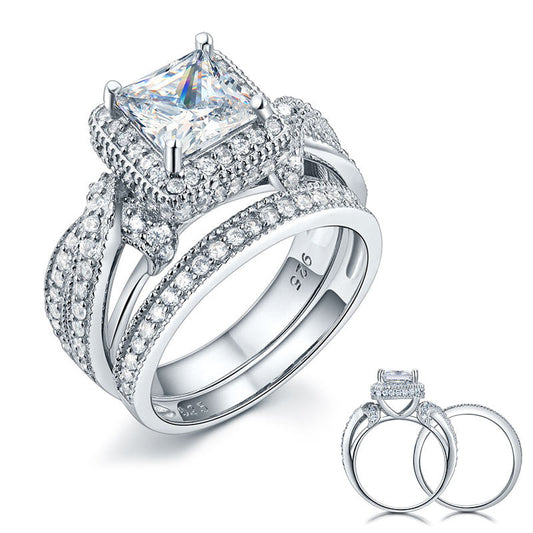 Solid 925 Sterling Silver Wedding Anniversary Engagement Ring Set Vintage Style Princess XFR8234