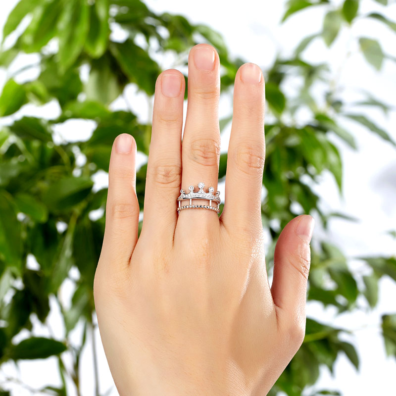 Solid 925 Sterling Silver Ring Crown Shape Simulated Diamond for Lady Trendy Stylish Jewelry XFR8277