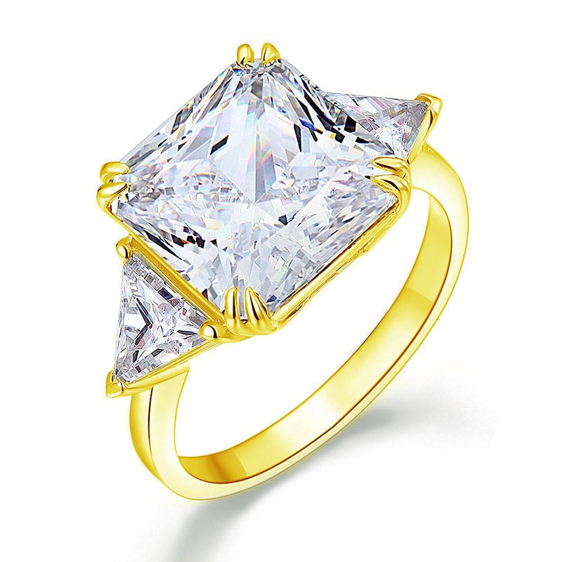 Solid 925 Sterling Silver Three-Stone Luxury Ring Anniversary 8 Carat Simulated Diamond Yellow Gold Plated XFR8328