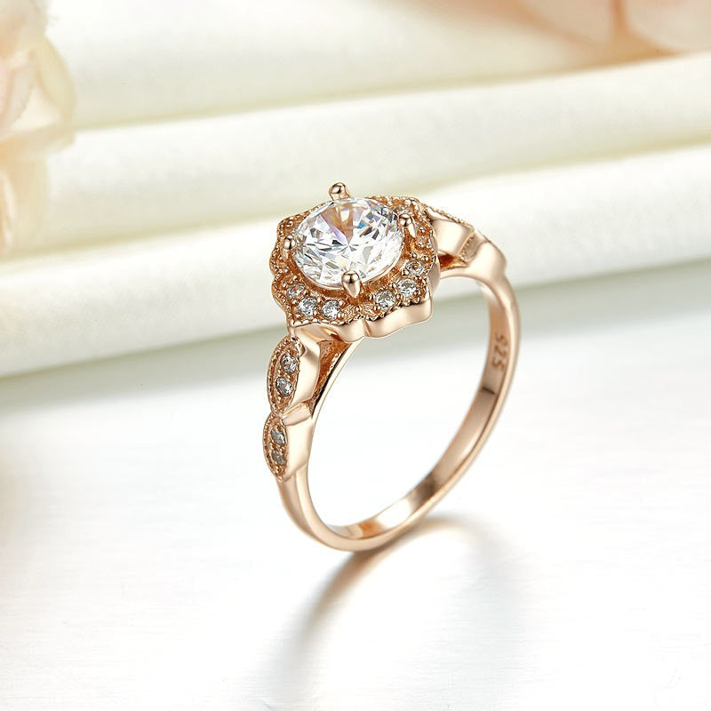 Vintage Style Art Deco Ring Solid 925 Sterling Silver Rose Gold Plated 1 Carat XFR8330