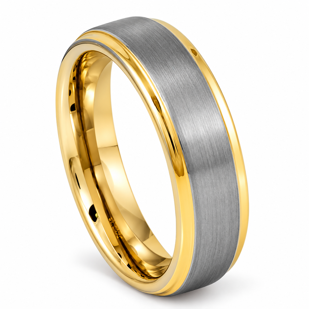 Silver Brushed Finish with Gold Edges Tungsten 6mm Promise Ring — angled studio product view