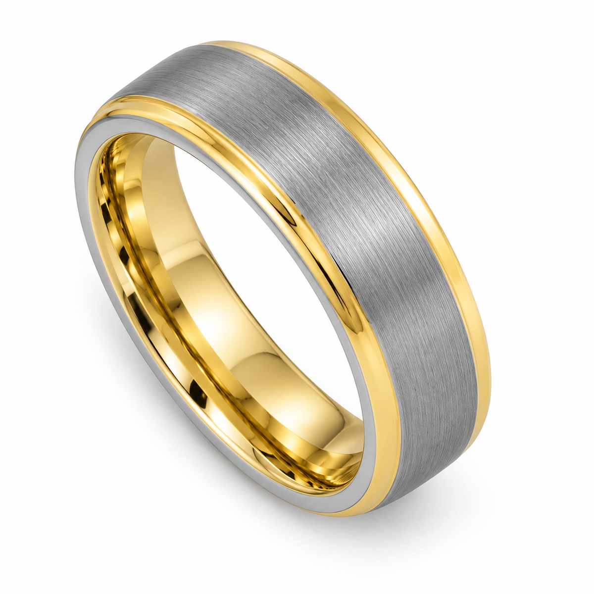 Silver Brushed Finish with Gold Edges Tungsten 6mm Promise Ring — topdown studio product view