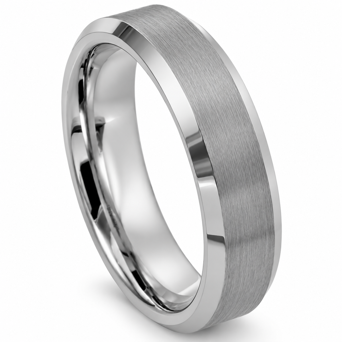 Silver Brushed Finish with Polished Edges Tungsten 6mm Wedding Band — angled alternate product view