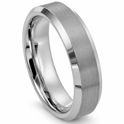 Silver Brushed Finish with Polished Edges Tungsten 6mm Wedding Band — angled alternate product view