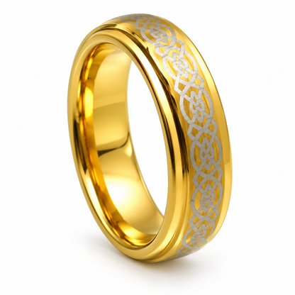 Gold Polished Finish with Silver Celtic Inlay Tungsten 6mm Wedding Band — angled studio product view