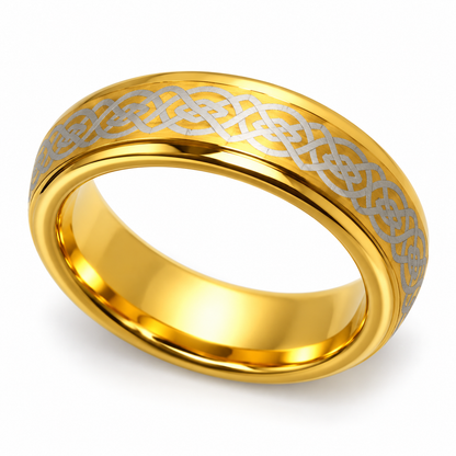 Gold Polished Finish with Silver Celtic Inlay Tungsten 6mm Wedding Band — topdown studio product view