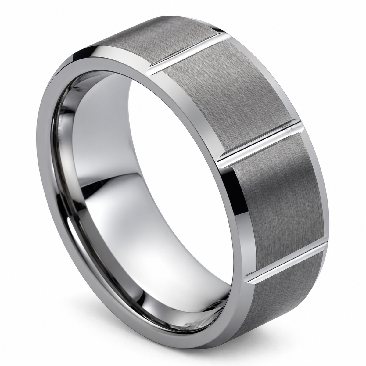 Tungsten 8mm Beveled Edge Beveled Wedding Band for Men — angled alternate product view