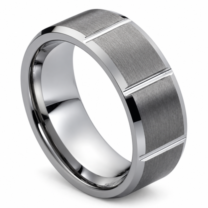 Tungsten 8mm Beveled Edge Beveled Wedding Band for Men — angled alternate product view